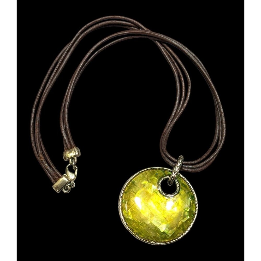 Vintage Monet Bohemian Shell Mosaic Yellow Medallion Pendant Necklace